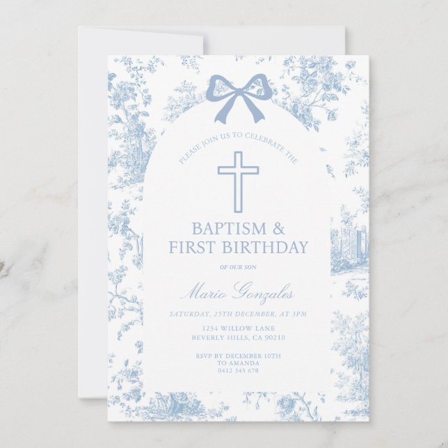 Convite Blue Toile de Jouy Baptism & First Birthday Bow  (Frente)