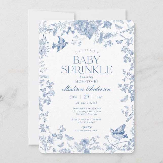 Convite Blue Toile De Jouy French Floral Baby Sprinkle (Frente)