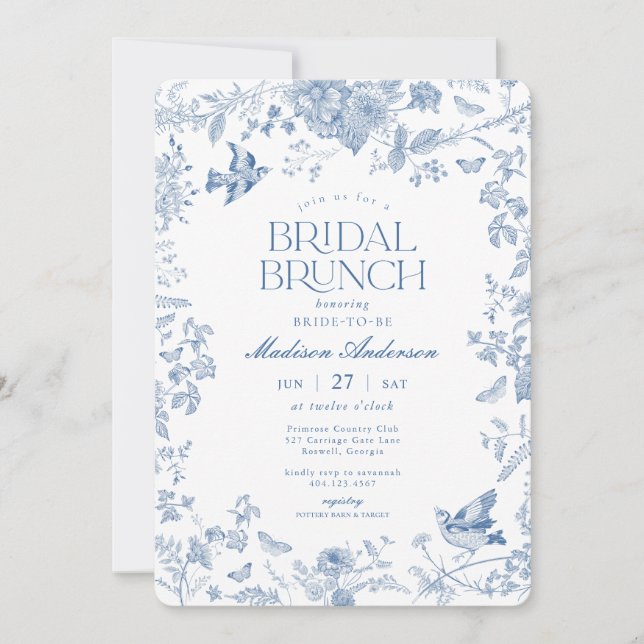 Convite Blue Toile De Jouy French Floral Bridal Brunch (Frente)