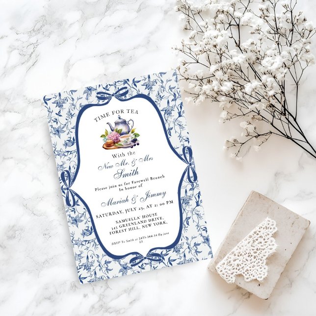 Convite Blue Toile de jouy Tea Party Farewell BrunParty (Criador carregado)