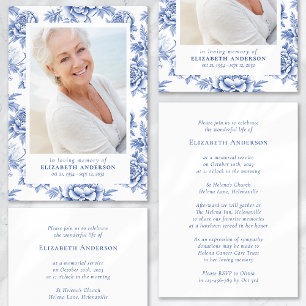 Convite Blue Toile Floral Photo Funeral