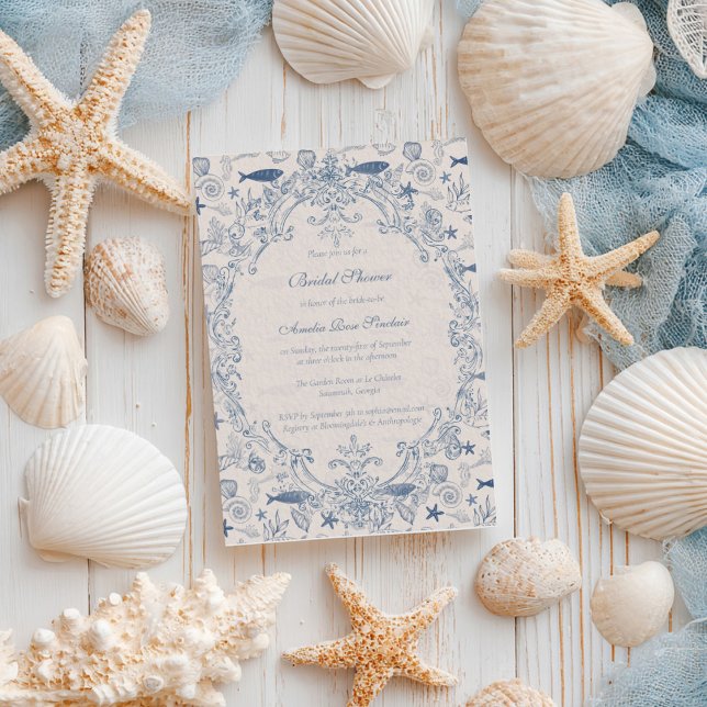 Convite Blue toile Ocean Bridal Shower Invitation (Criador carregado)