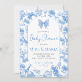 Convite Blue Toile Safari Baby Shower Invitation