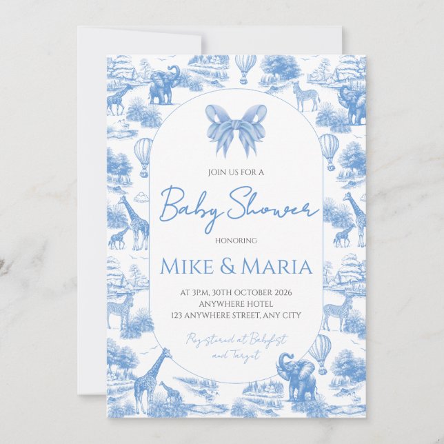 Convite Blue Toile Safari Baby Shower Invitation (Frente)