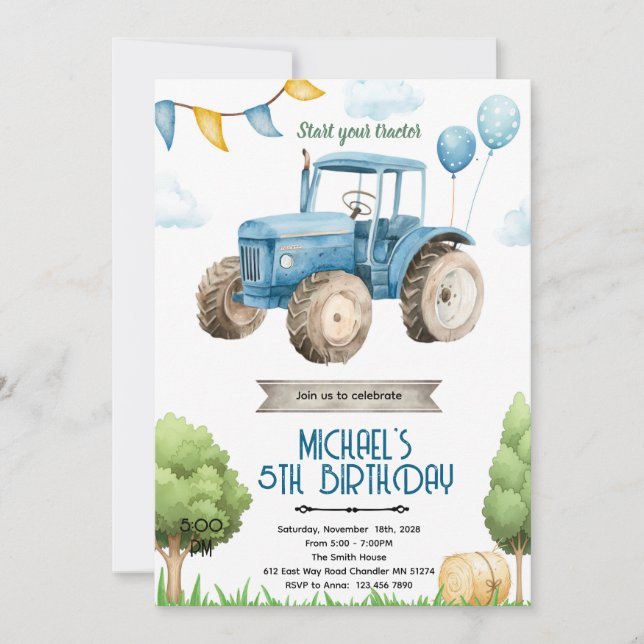 Convite Blue tractor birthday party invitation (Frente)