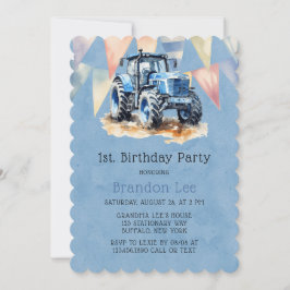 Convite Blue Trator Flag Watercolor Boy 1rua. Birthday Par