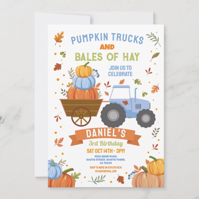 Convite Blue Trators Pumpkin Birthday Harvest (Frente)