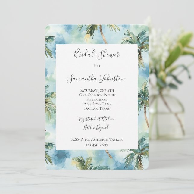 Convite Blue Tropical Island Palm Trees Bridal Shower  (Em pé/Frente)