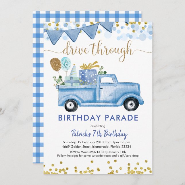 Convite Blue Truck Boy Drive by Birthday (Frente/Verso)