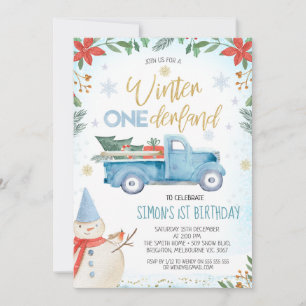 Convite Blue Truck Poinsettia Winter Onederland Aniversári