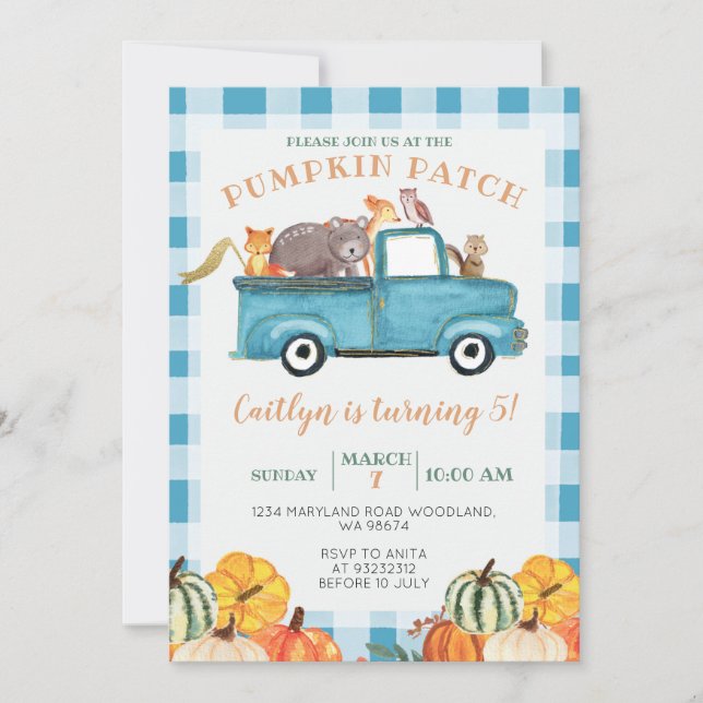 Convite Blue Truck Pumpkin Patch Gingham quinto aniversári (Frente)