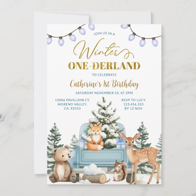 Convite Blue Truck Winter One-derland Animals 1st Birthday (Frente)