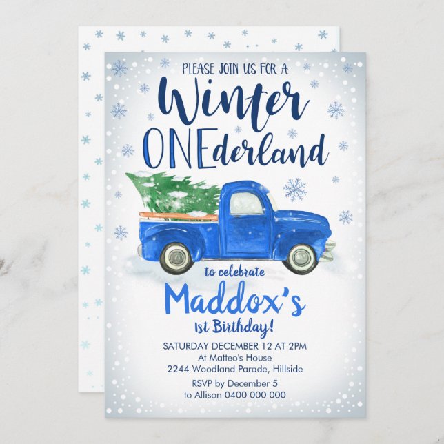 Convite Blue Truck Winter ONEderland Invitation Boy 1rua (Frente/Verso)