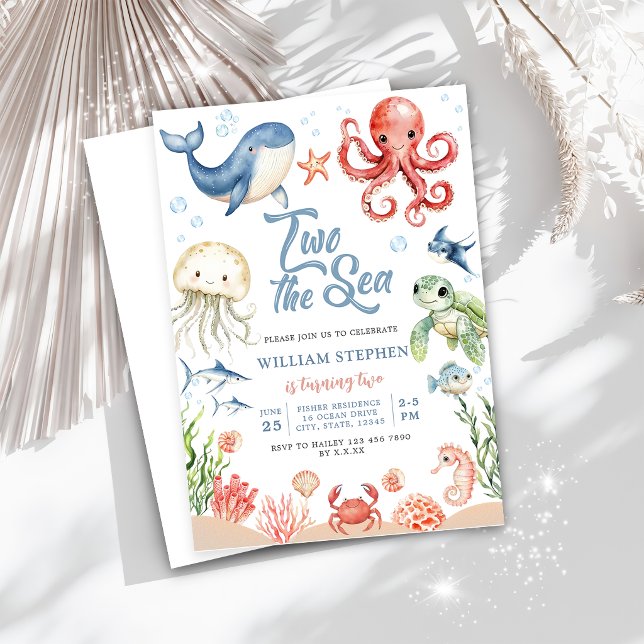 Convite Blue Two The Sea Ocean Animals 2nd Birthday (Criador carregado)