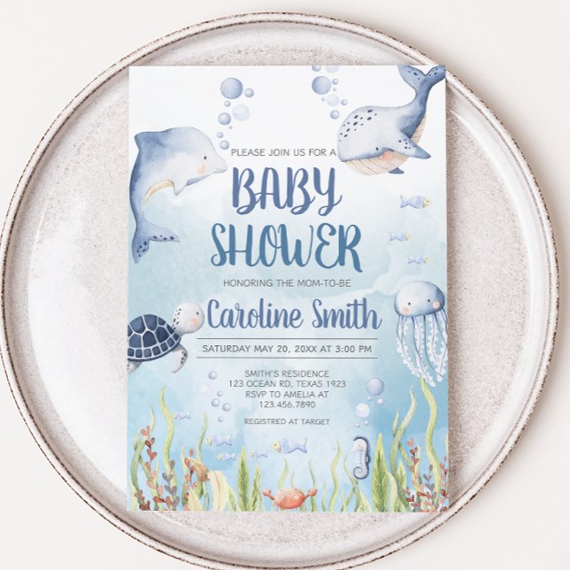 Convite Blue Under the Sea Baby Shower (Summer Baby Shower Invitation)
