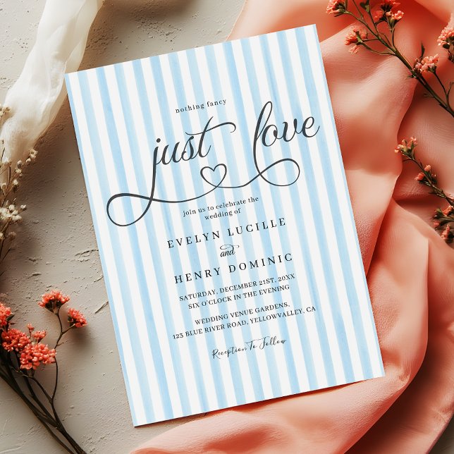 Convite Blue vertical stripes Modern Script Heart Wedding (Criador carregado)