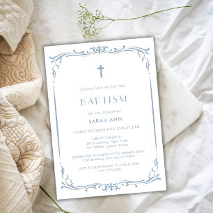 Convite Blue Vintage Baptism, Cruz de Natal