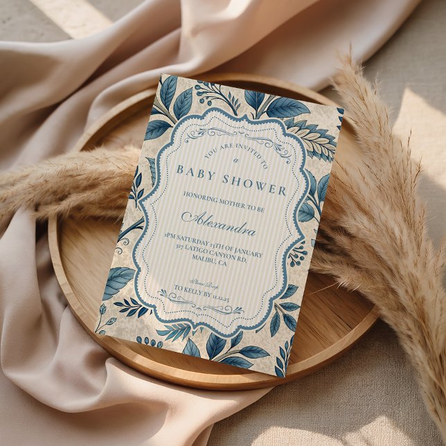 Convite Blue Vintage Botanical Baby Shower (Criador carregado)