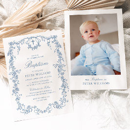 Convite Blue Vintage Floral Boy Baptism Christening Foto