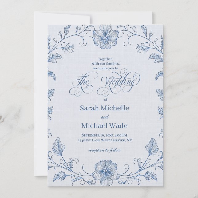 Convite Blue Vintage French Calligraphy Wedding Invitation (Frente)