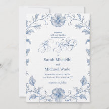 Blue Vintage French Calligraphy Wedding Invitation
