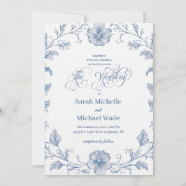 Convite Blue Vintage French Calligraphy Wedding Invitation