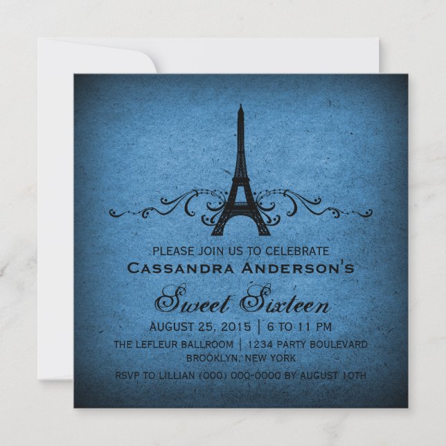 Convite Blue Vintage French Flourish Sweet 16 Invite (Frente)