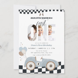 Convite Blue Vintage Race Car First Birthday Invite Photo