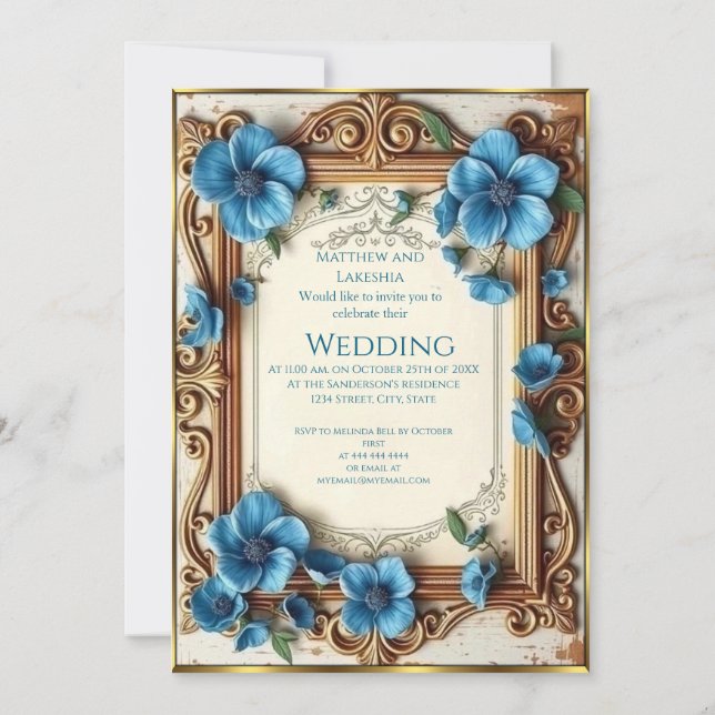 Convite Blue Vintage Wedding Beautiful floral French  (Verso)