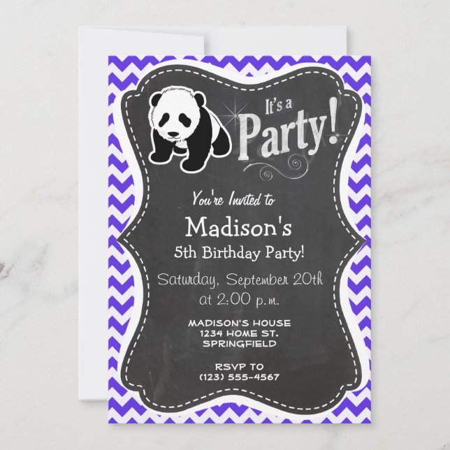 Convite Blue Violet Chevron; Panda (Frente)
