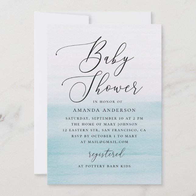 Convite Blue Watercolor Baby Shower | Elegant Coastal (Frente)