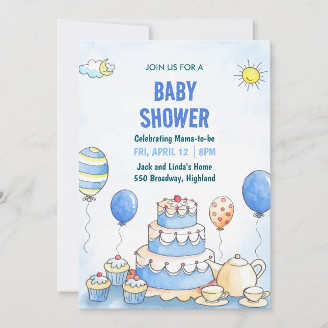 Convite Blue Watercolor Baby Shower Invitation (Frente)