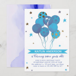Convite Blue Watercolor Balloons Girl 7th Birthday Party