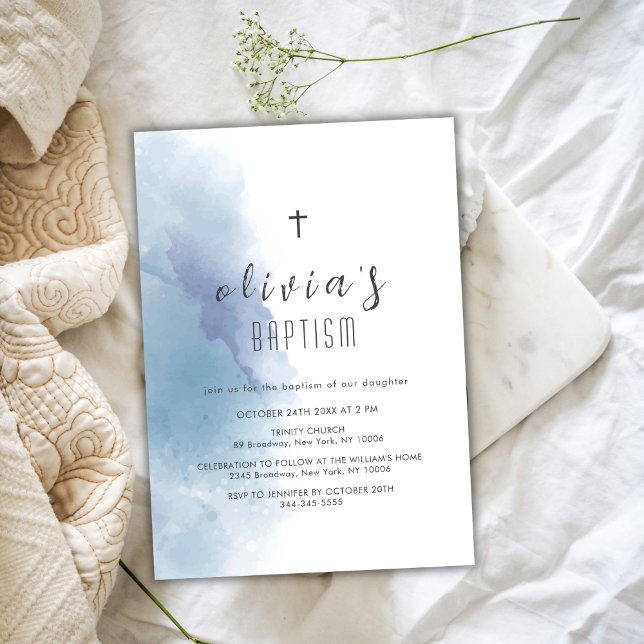 Convite Blue Watercolor Black Cross Christening Baptism (Blue Watercolor Black Cross Christening Baptism Invitation)