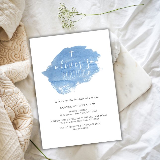 Convite Blue Watercolor Blush Cross Christening Baptism (Blue Watercolor Blush Cross Christening Baptism Invitation)