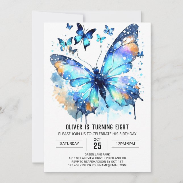 Convite Blue Watercolor Butterfly Boy Birthday (Frente)