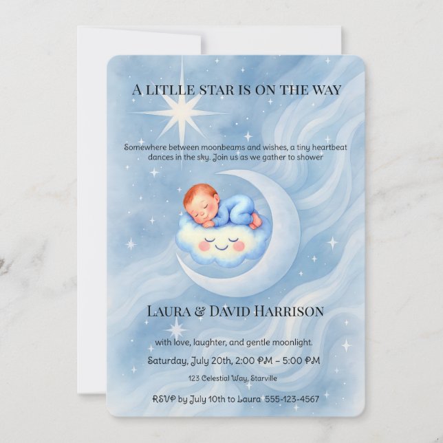 Convite Blue Watercolor Celestial Baby Shower Little Star  (Frente)