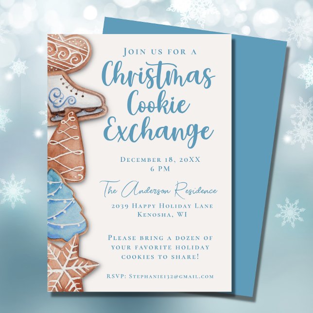 Convite Blue Watercolor Christmas Cookie Exchange (Criador carregado)
