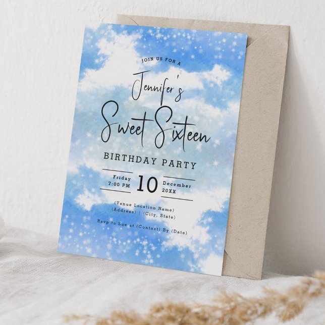 Convite Blue Watercolor Clouds Doce 16 Partidas (Blue Watercolor Clouds Sweet 16 Party Invitation)