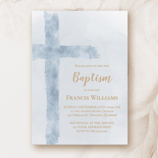 Convite blue watercolor cross Baptism  (Criador carregado)
