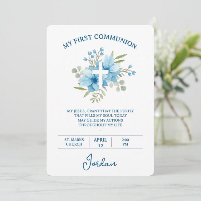 Convite Blue Watercolor Cross First Holy Communion (Em pé/Frente)