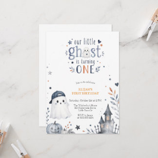 Convite Blue Watercolor Cute Ghost Halloween Birthday
