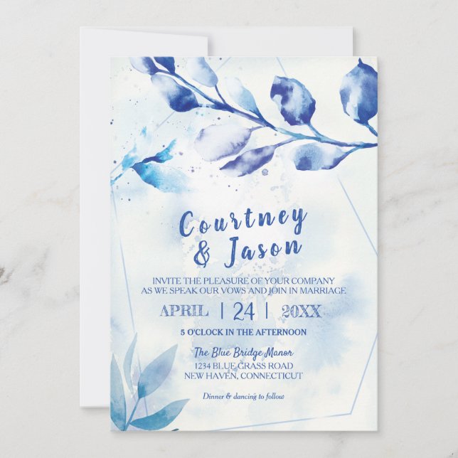 Convite Blue Watercolor Deixa Casamento Russo (Frente)