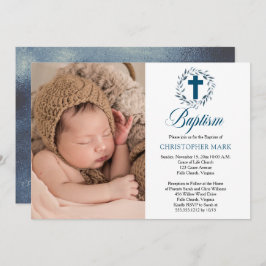 Convite Blue Watercolor Deixa o Wreath Boy Foto Baptism
