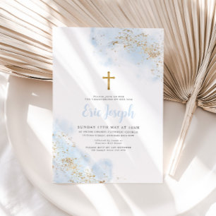 Convite Blue Watercolor Dourado Cross Boy Christening
