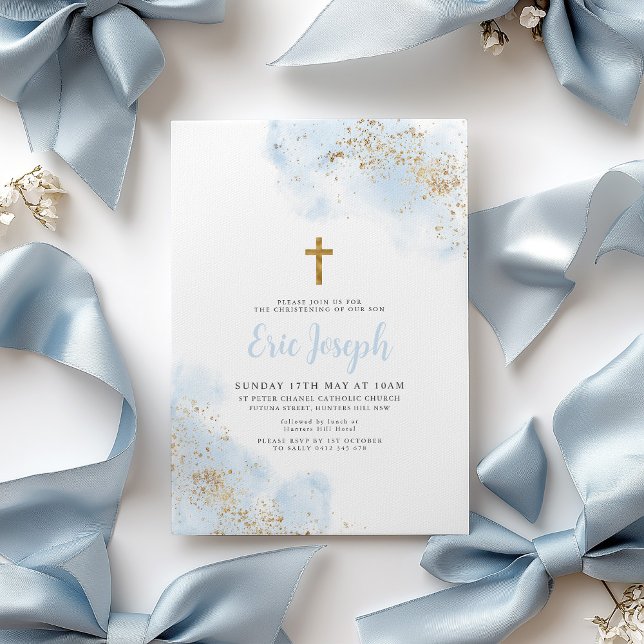 Convite Blue Watercolor Dourado Cross Boy Christening (Blue Watercolour and gold Boy's Baptism Invitation with Gold Cross. )