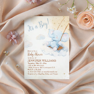 Convite Blue Watercolor Elephant Swing Boy Baby Shower