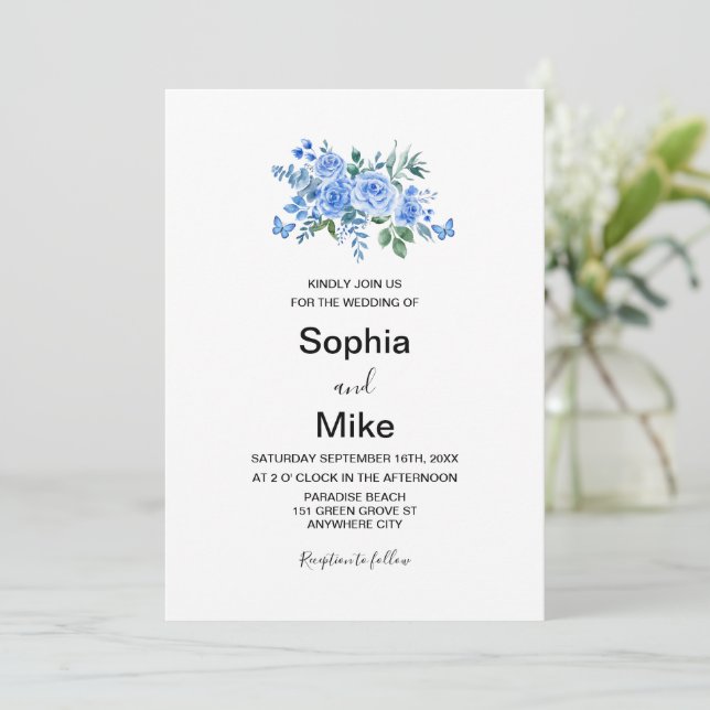 Convite Blue Watercolor Floral Butterflies Wedding (Em pé/Frente)