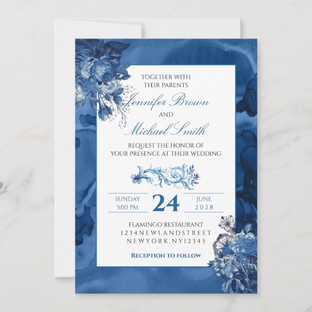 Convite Blue Watercolor floral Elegant Wedding (Frente)
