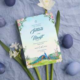 Convite Blue Watercolor Floral Indian Peacock Wedding